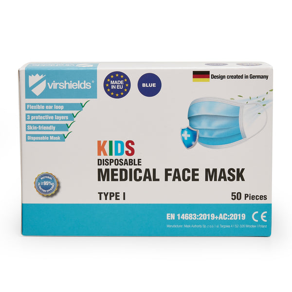 50x medizinische Masken Typ I für Kinder 3-lagig blau