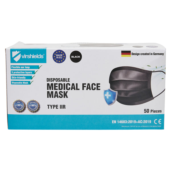 Virshields® Masque Chirurgical - 100 Pièces, Type IIR, Noir, BFE ≥ 98%, DIN  EN 14683, 3 Couches - Masque Jetable, Médical Adulte, Protection Facial